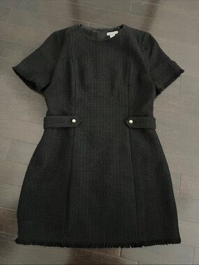 H&M Black Tweed Short-Sleeve Mini Dress with Gold Buttons